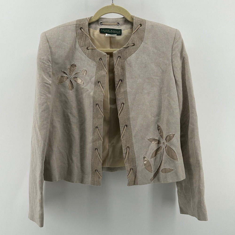 Harve Benard Linen Blend Lace Up Floral Applique Jacket Beige 12 Coastal Grandma